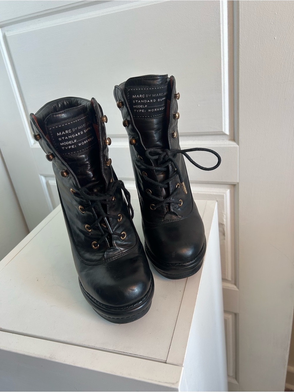 Marc by Marc Jacobs Black Leather Lace-Up Platform Boots with Gold Hardware